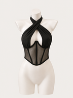 Noir Halter Mesh Corset Top 🖤✨